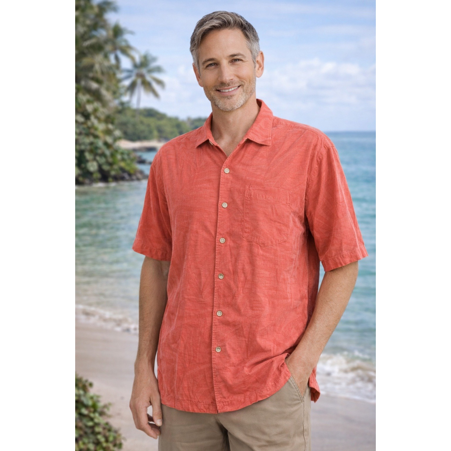 Tommy Bahama Mens M 100% Silk Camp Shirt Coral Salmon Palm Jacquard Hawaiian